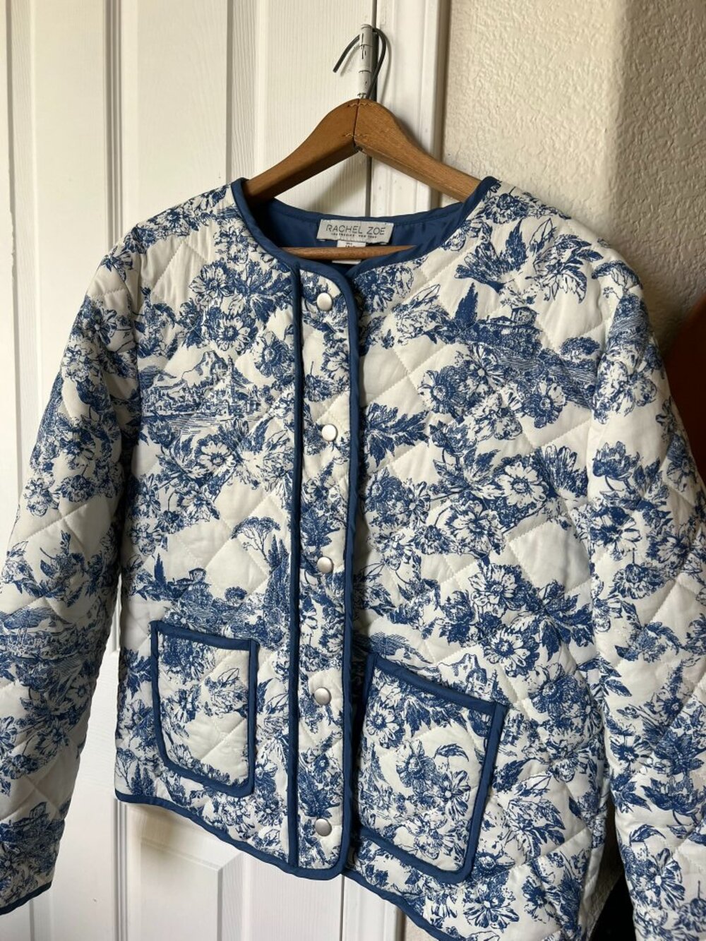 Rachel Zoe Blue & White Toile Quilted Jacket (Size L) - Picture 4 of 13
